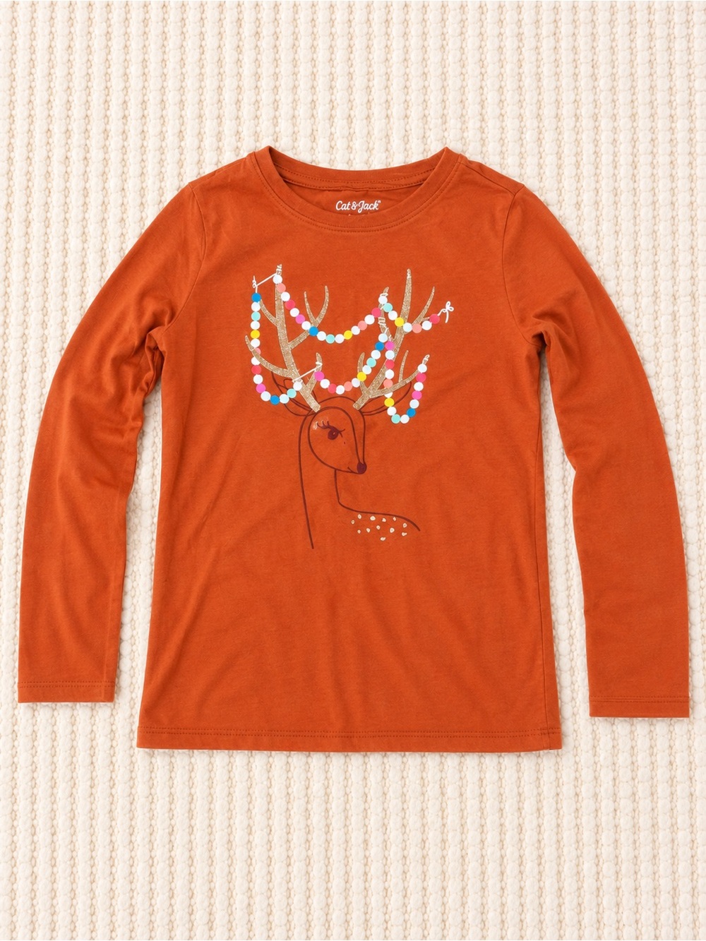 Cat & Jack Reindeer Holiday Graphic Long Sleeve Tee Girls Size 6 (Small) Orange